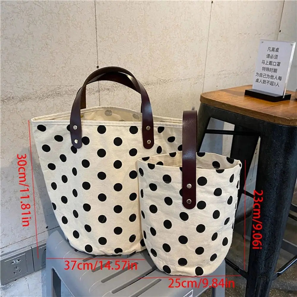 Simple Wave Point Polka Dot Canvas Bucket Bag Korean Style Large Capacity Handbag Lunch Bag Tote Bag Mummy Bag Shopping Bags