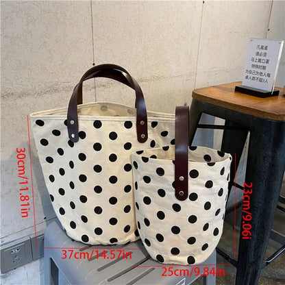 Simple Wave Point Polka Dot Canvas Bucket Bag Korean Style Large Capacity Handbag Lunch Bag Tote Bag Mummy Bag Shopping Bags