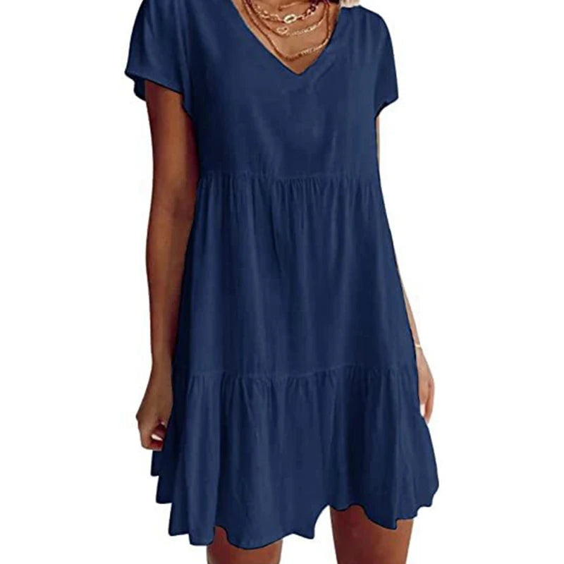 Women Short Sleeve Sexy V-Neck Swing Tunic Mini Dress Solid Color Pleated Ruffle Flowy Hem A-Line Casual Loose  Dropship