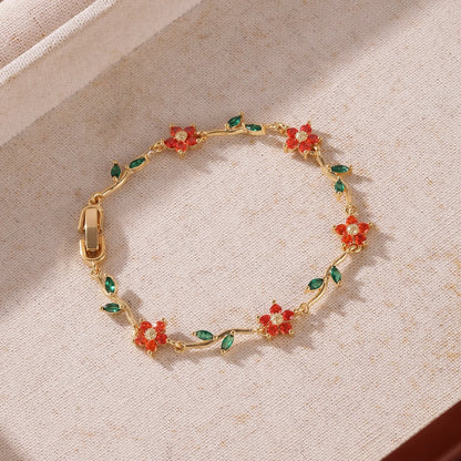 Elegant Multiple Color Flower Charm Zircon Branch Leaf Bracelet Dopamine Niche Sense 18K Gold Plated Women's Bangle Gifts