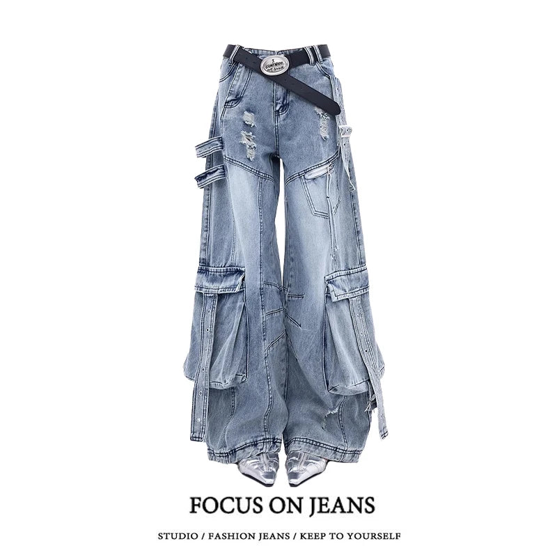 American Deconstructed Sa Multi-ket Workwear Jeans Women Loose Wide Leg Pants High Waist Long Trousers Blue Casual