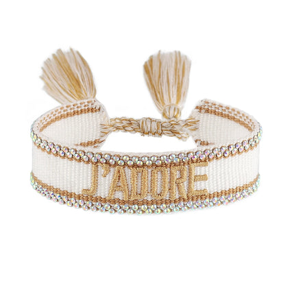 Rhinestone Embroidery Woven Bracelets Adjustable Rope Stackable Bangle For Women