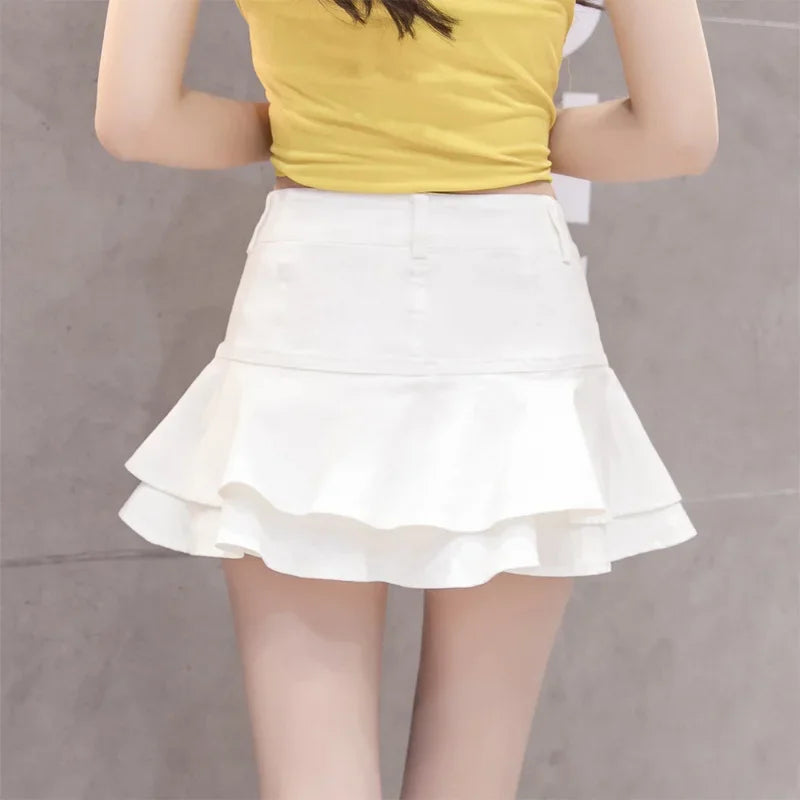 Vintage Denim Mini Skirts Women Summer Sexy Solid Colour Ball Gown Skirts Jeans Female Casual Pocket Slim A-line Mini Skirts