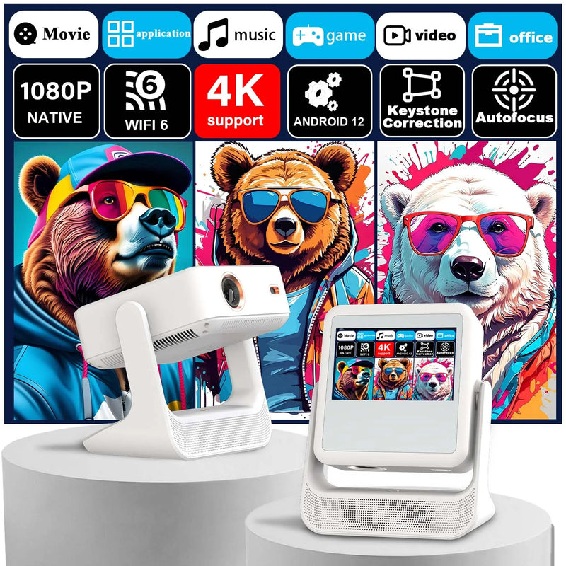 Projector 4K Portable, 8" Touch, WiFi Bluetooth, Dual Screen HDMI USB, Outdoor Movie Gaming Projector