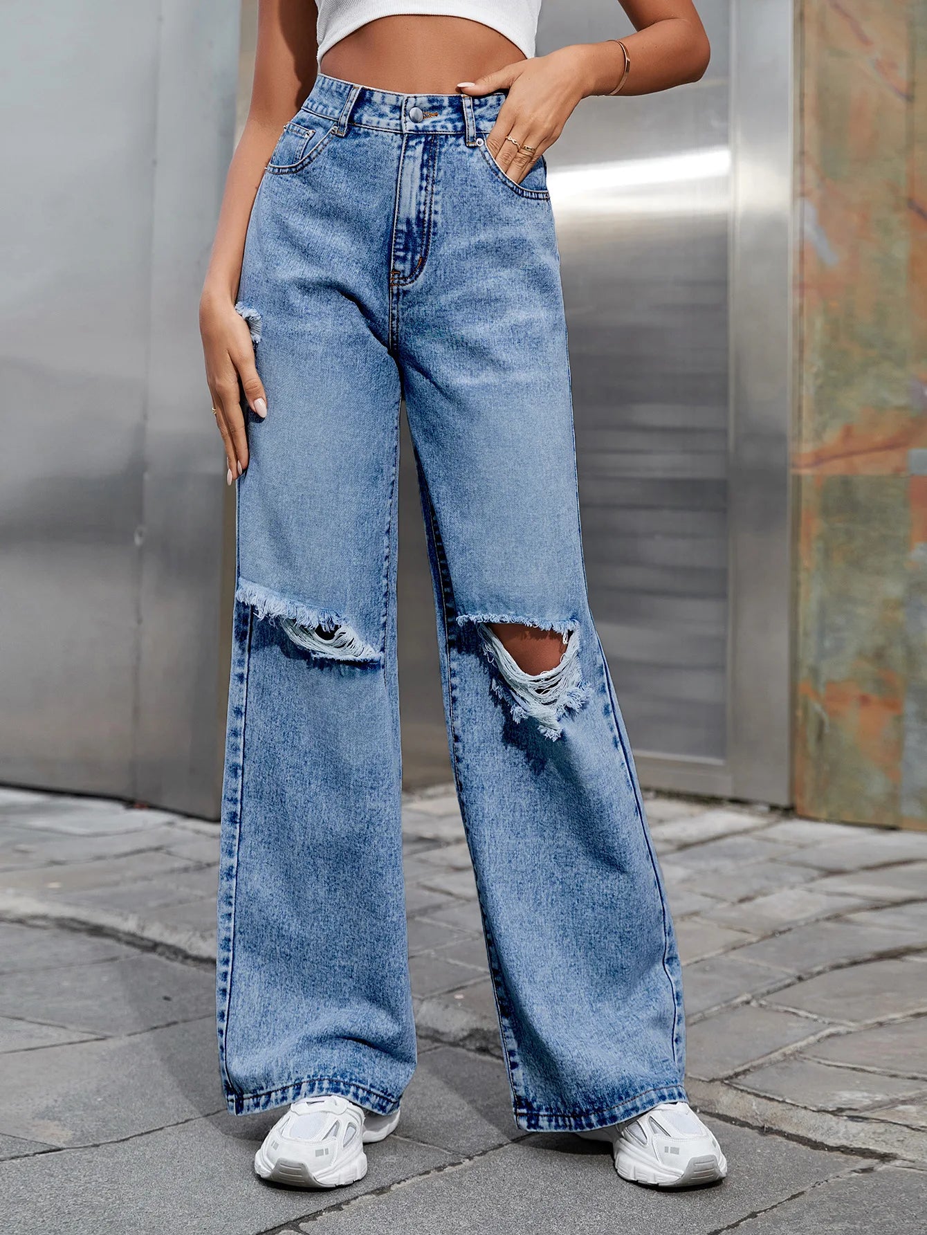 Denim Jeans Women Pant Wide Leg Long Pants Casual Loose High Waist Button Y2k Streetwear Hole Temperament Work Straight Trousers