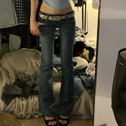Vintage High Street Low-Waisted Jeans Women 2025 Summer All-Match Wide Leg Y2K Denim Trousers Female Sexy Slim Fit Flares Pants