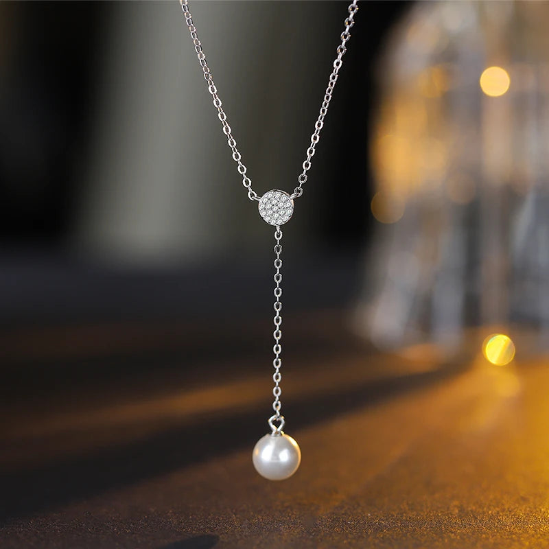 Fashionable and Creative 14K Gold Authentic S925 Silver Full Diamond Round Pendant Pearl Necklace Women's Jewelry