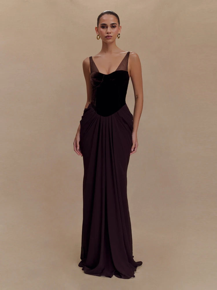 New Sexy Mesh Straps Velvet Corset Patchwork Long Dress Women Sleeveless Backless Folds Slim Dresses Elegant Evening Party Gowns