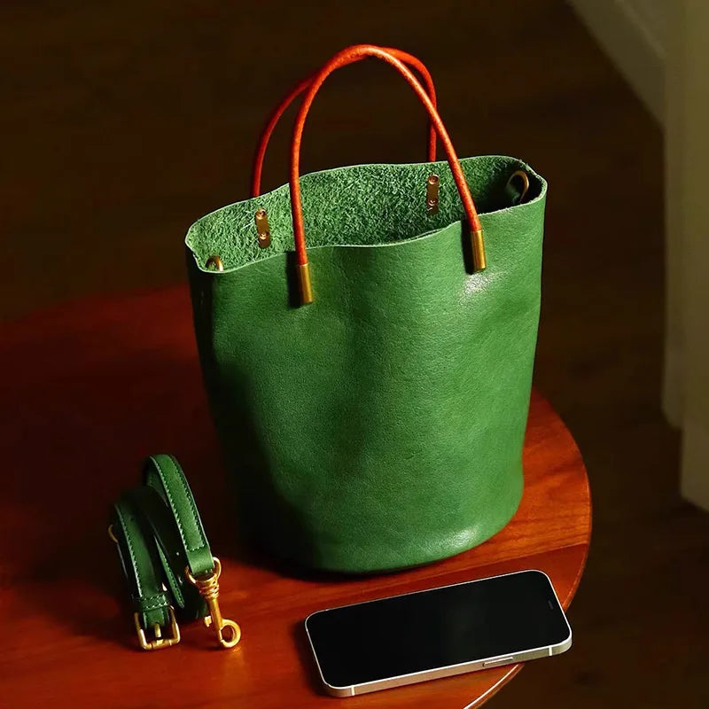 Women's Bag Japanese Green Bucket Bag Fashion Handbag Simple Versatile Pu Leather Trendy New Exquisite Hardware Zipper Handbag