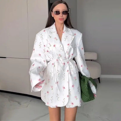 Elegant Floral Print Blazer Outerwear With Belt Women's Casual Lapel Long-Sleeve Shoulder Pads Jacket Loose Fit Outfit For Woman