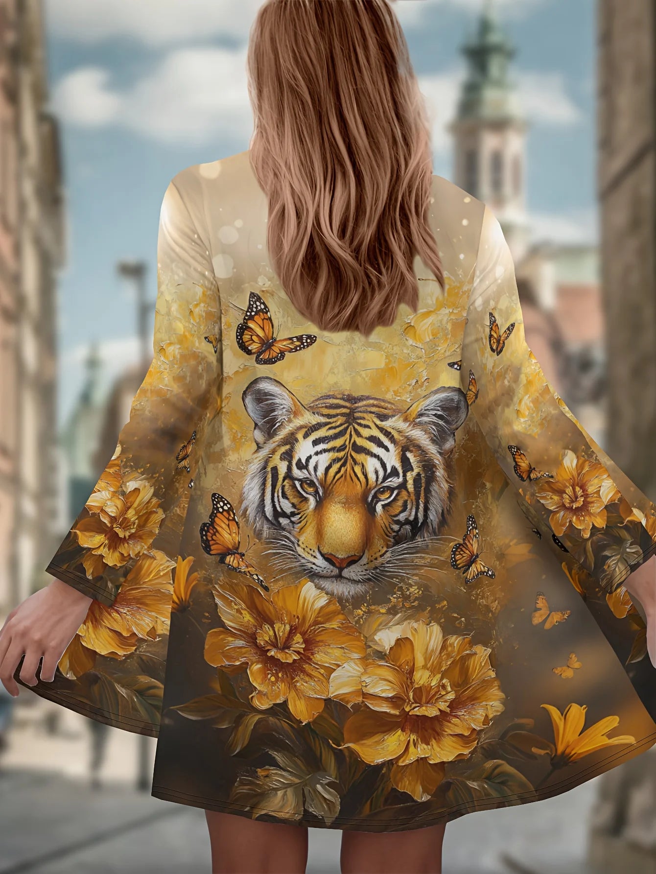 Women's Winter Jacket with 3D Tiger and Lion Animal Prints, Front-Opening Loose Fit Cape, Casual Polyester Women's Clothing