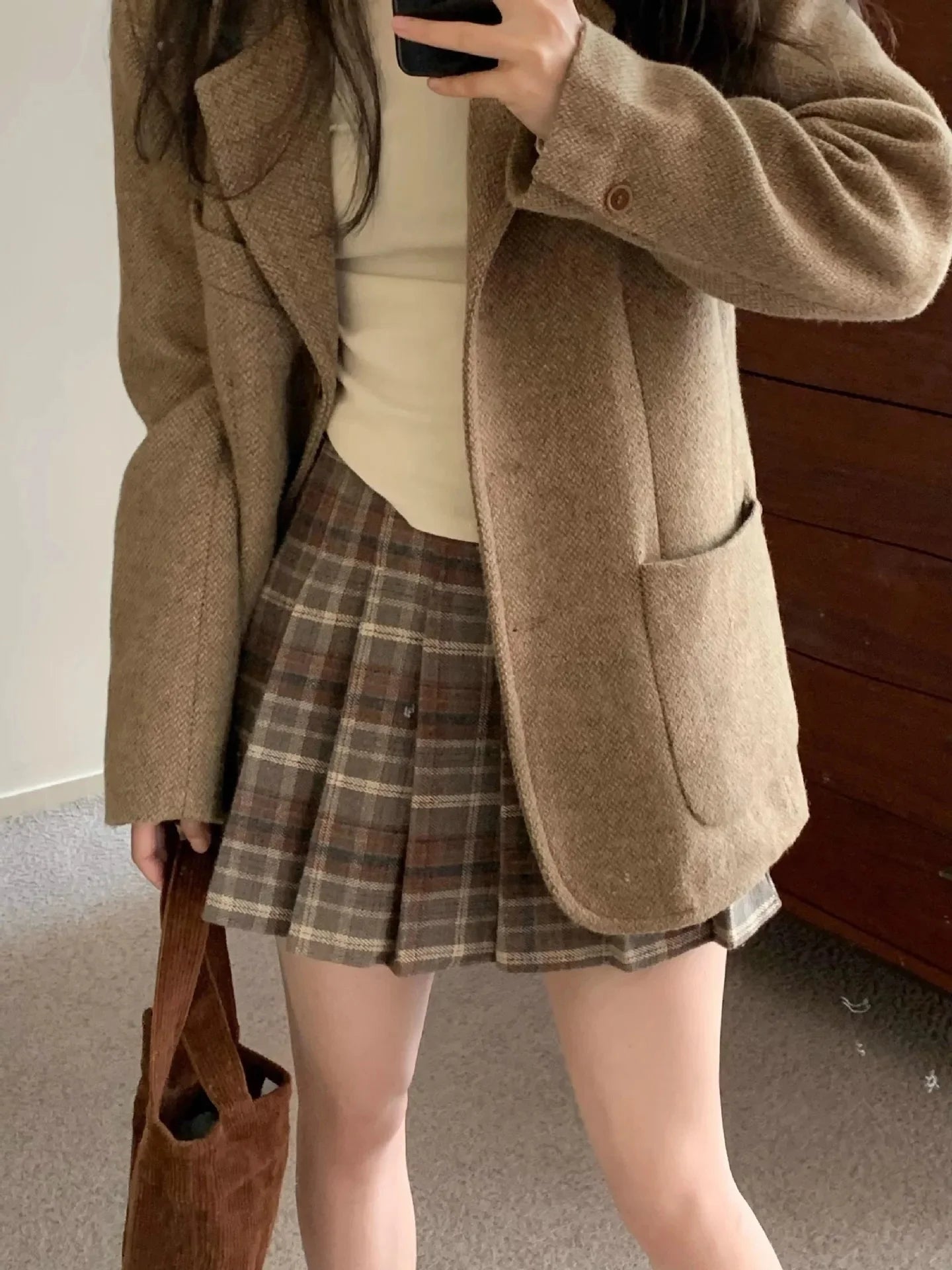 Retro Plaid Woolen Mini Skirt Women plus Size Spring Autumn Thickened Coffee Pleated Skirt Small Size High Waist A- Line Skirt