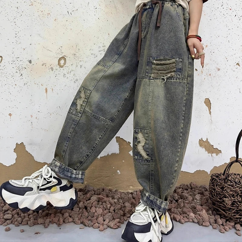 Masss Wasss European Womens Punk Denim Harem Trousers Classic Holes Loose Vintage Pants Leisure Streetwear Elastic Waist Jeans
