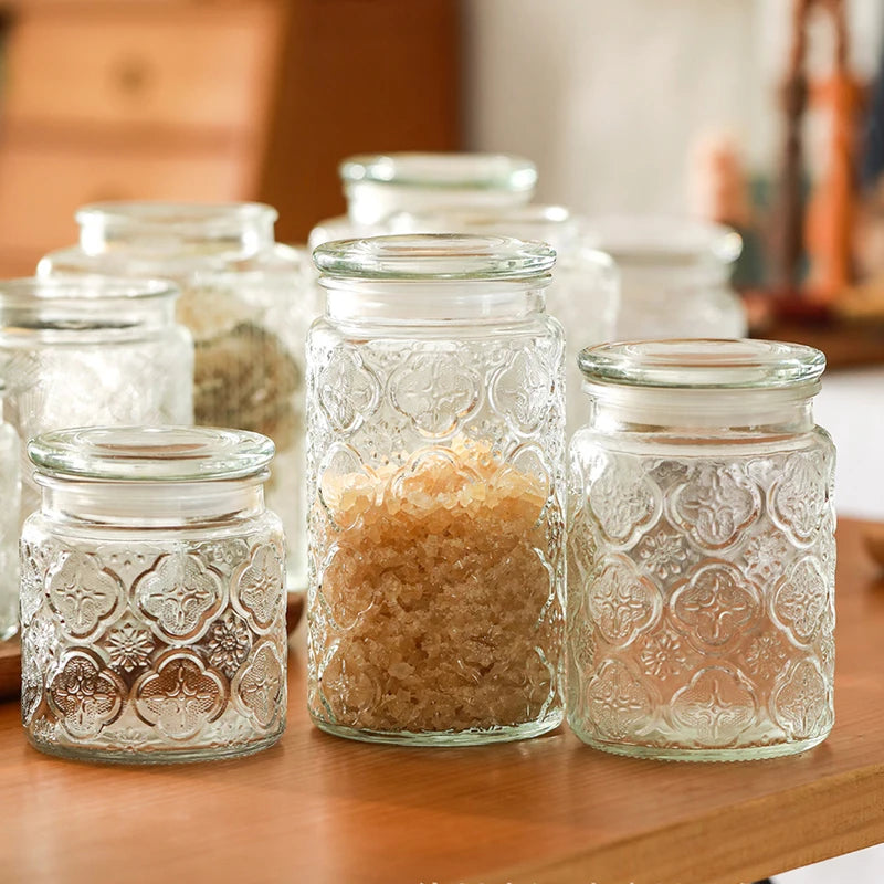 Retro Transparent Glass Sealed Jar Glass Lid Storage Jar Begonia Flower Glass Bottle Candy Storage Jar Kitchen Storage Supplies