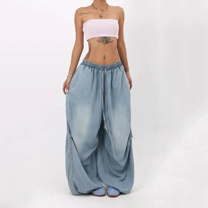 Autumn Oversized Women Wide Leg Jeans Y2K Hip Hop Streetwear Loose Denim Pants High Waist Drawstring All Match Straight Trousers