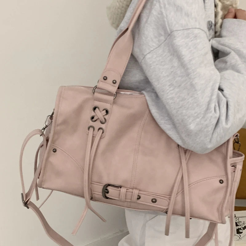 Retro Women's Motorcycle Handbag Brand Tassel Design High-end Shoulder Pillow Bag Trendy Large Capacity Underarm Bag Women's Bag