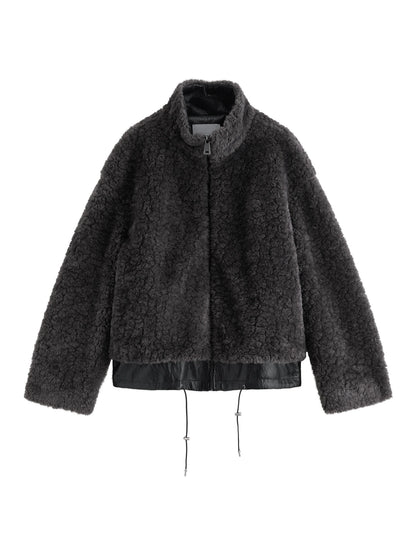 ZIQIAO 2025 Winter Women's Petite Stand Collar Faux Fur Shearling Short Jacket Plush Teddy Zip Up Cozy Fleece Cropped Coat