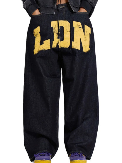 HOUZHOU Vintage Letter Print Jeans Women Black Gothic Y2k Baggy Denim Trousers Retro Hip Hop Grunge Wide Leg Pants Streetwear