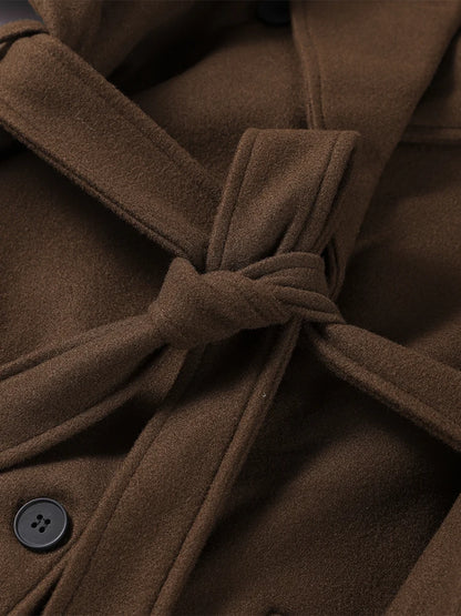 Elegant Solid Women Woolen Long Coats Loose Lapel Double-breasted Full Sleeve Shoulder Pads Overcoat 2026 Spring New Outerwears