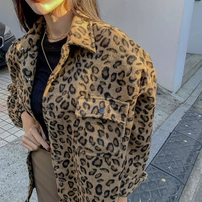 Retro Leopard Print Woolen Coat Women's Autumn Winter Thiened Loose Design Sense Faionable irt  Collar Button up