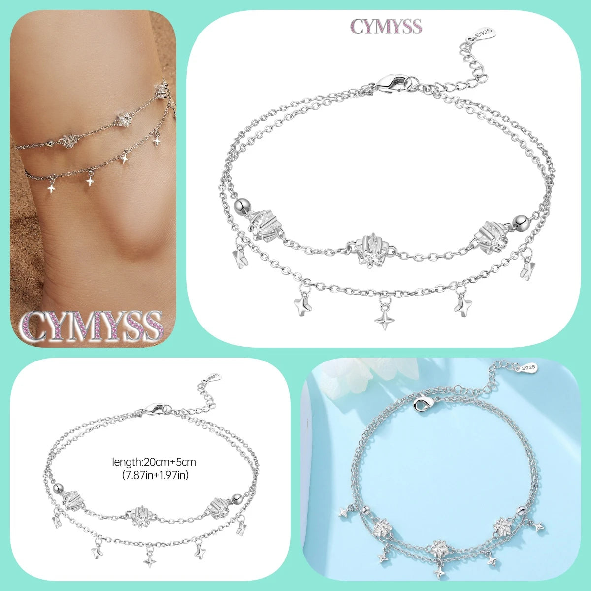 Original Anklets for Women 925 Sterling Silver Exquisite 2 Layer Zircon Chain Anklet Gold Color Ideal Summer Beach Jewelry Gift