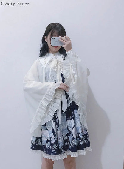 Lolita Chiffon Open Front Wraps Poncho Soft Coat Capes Girls Sweet Hood Covers Sweet Ruffle Shawl Cape Sun Protective For Women
