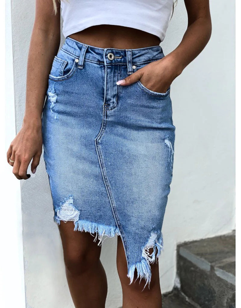 2022 Summer New Ripped Irregular Denim Skirts For Women Fashion Street Hipster Pack Hip Mini Jeans Skirts S-2XL Drop Shipping