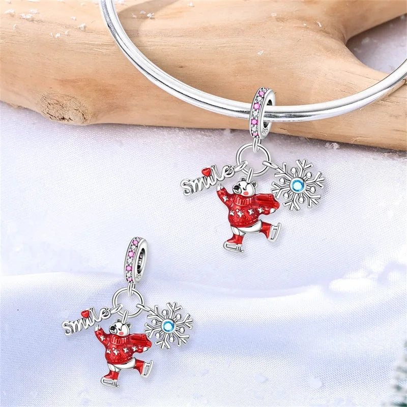 Original 925 Sterling Silver Charms Beads Winter Snowflake Snowman Igloo Penguin Pendant Fit Bracelet Women Jewelry Gift