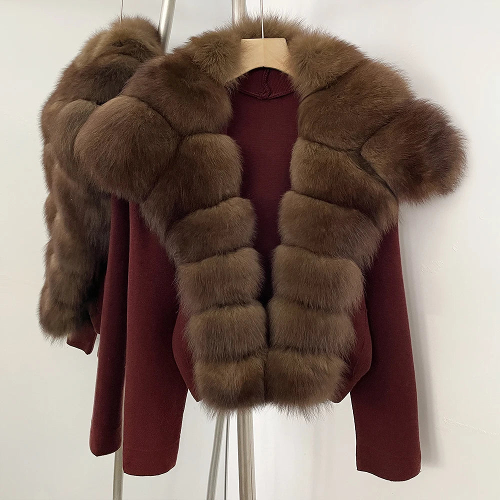 Elegant Knitted Cardigan Women's Sweater Knitting Jacket with Fur and cuffs Knitted Women's Long Sleeve Top Short Sweater
