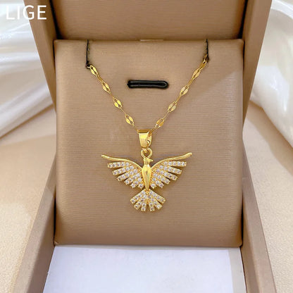 DIEYURO 316L Stainless Steel Phoenix Eagles Pendant Necklace For Women Girl 2023 New Trend Choker Neck Chain Jewelry Gift Party