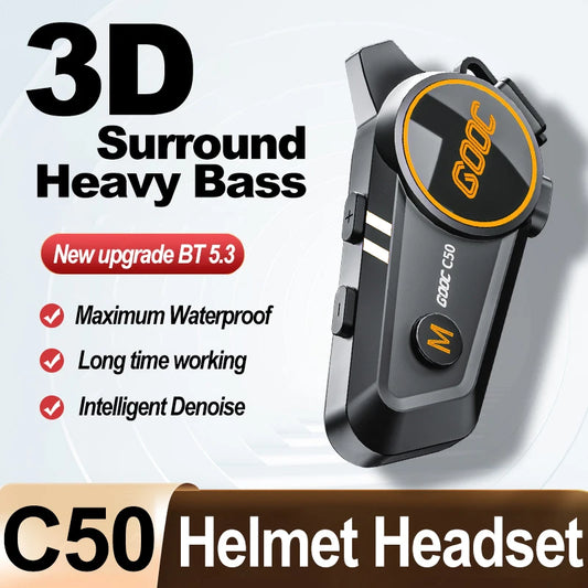 3D Surround Heavy Bass Motorcycle Helmet Headset Stereo Bluetooth Hands Free Call IPX7 Waterproof With Tri-Color Ambient Light