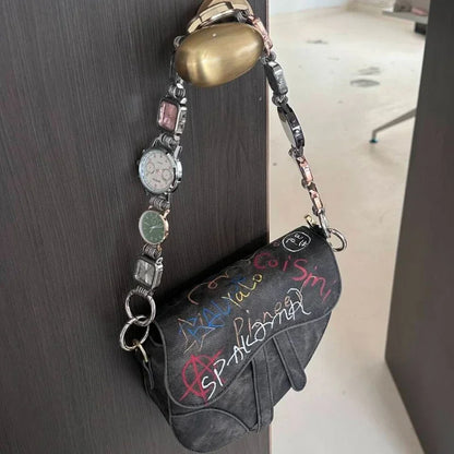 Designer Luxury Saddle Bag Women 2025 New In Fashion Chic Metal Watch Strap Shoulder Bag Trend Graffiti Novelty Female Bags