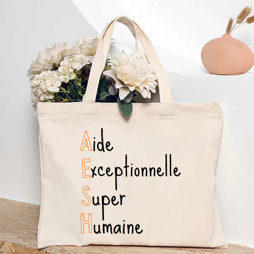 Merci Aesh French Printed Women Tote Bag Canvas Shopping Bags Female Shoudler Bag  Travel Handbag Graduate Thanks Gift for Aesh