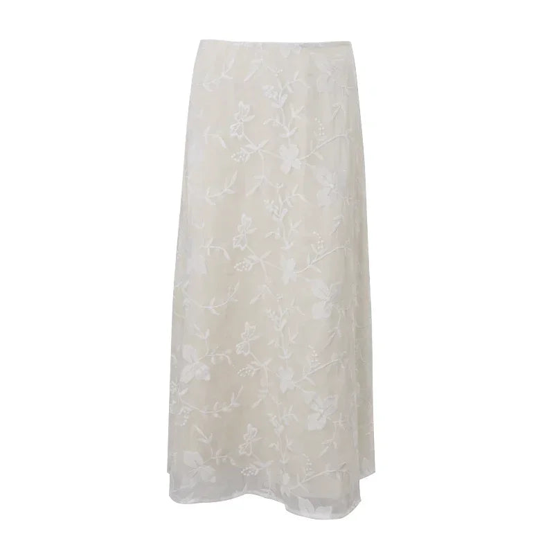 Elegant French A-Line Mesh Fashion Long Skirts Vintage High Waist Casual Spring Summer Evening Party New Maxi Skirt