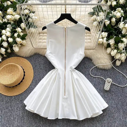 XFPV Women's Mini Dress New Elegant V-neck Sleeveless Button Zipper Folding Fashion Evening Party Clothing Female  22D1613