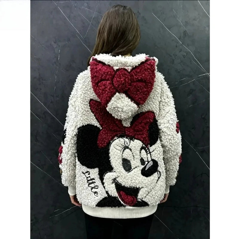 2026 Autumn and Winter Cartoon Minnie Lamb Wool Hooded Cardigan Jacket Women's Loose Casual Sweet Top