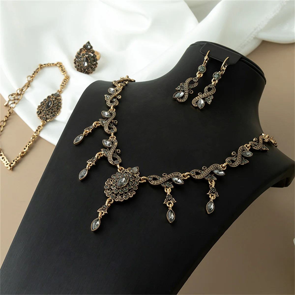 Dark And Muted Color Series Twisted Design Necklace, Earrings, Drop-Shaped Bracelet, Ring Set - Bridal Wedding Accessory Set