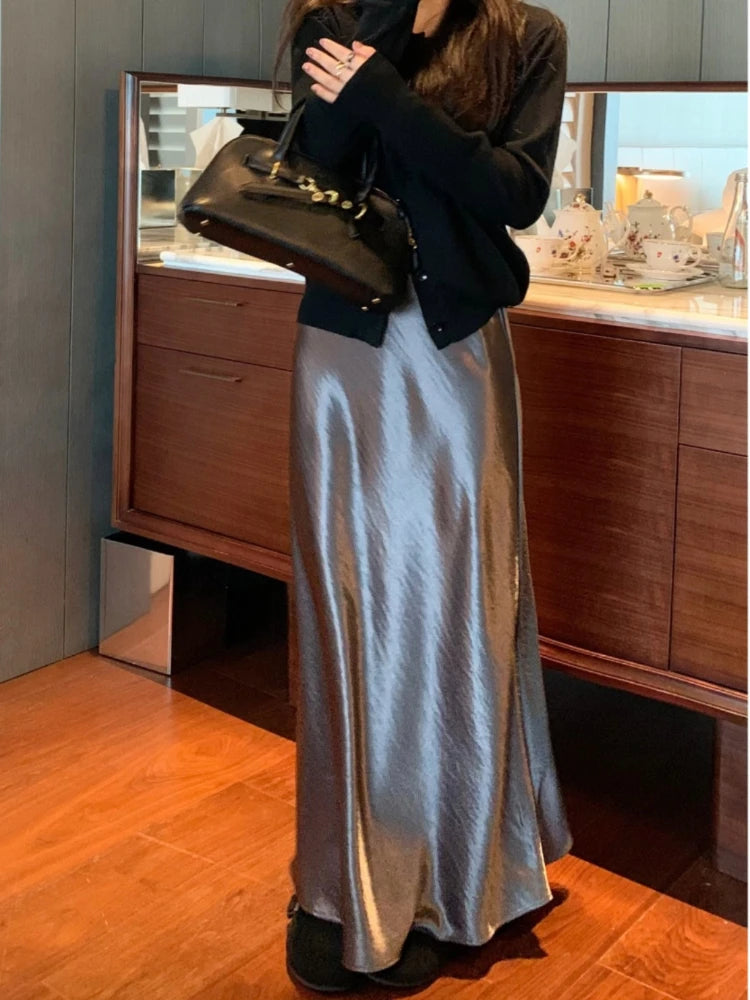Spring Women's Long Skirts High-waist Luxury Satin Fishtail Skirt Ladies Elegant Loose Solid Gray Black A-line Skirts for Women