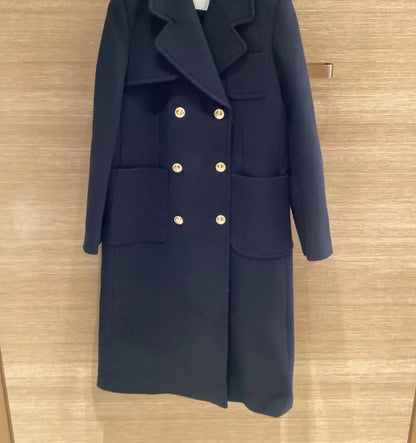Women Dark Blue Double Breasted Long Straight Jacket Turn-Down Collar Long Sleeve Ladies Temperament Coat 2025 Winter New