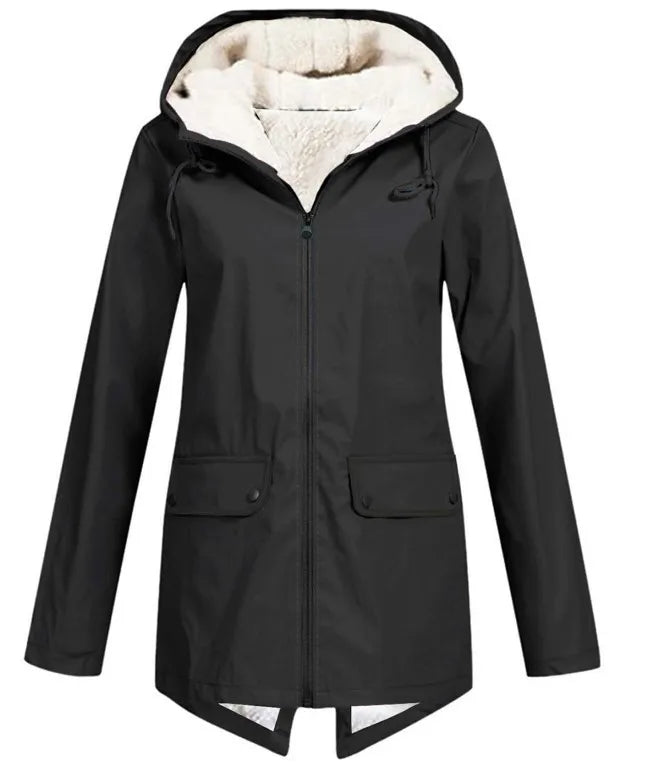 Outdoor Windbreaker Coat Women Trench Coat Waterproof Hooded Outerwear Velvet Thicken Overcoat Zip-up Streetwear Autumn Winter