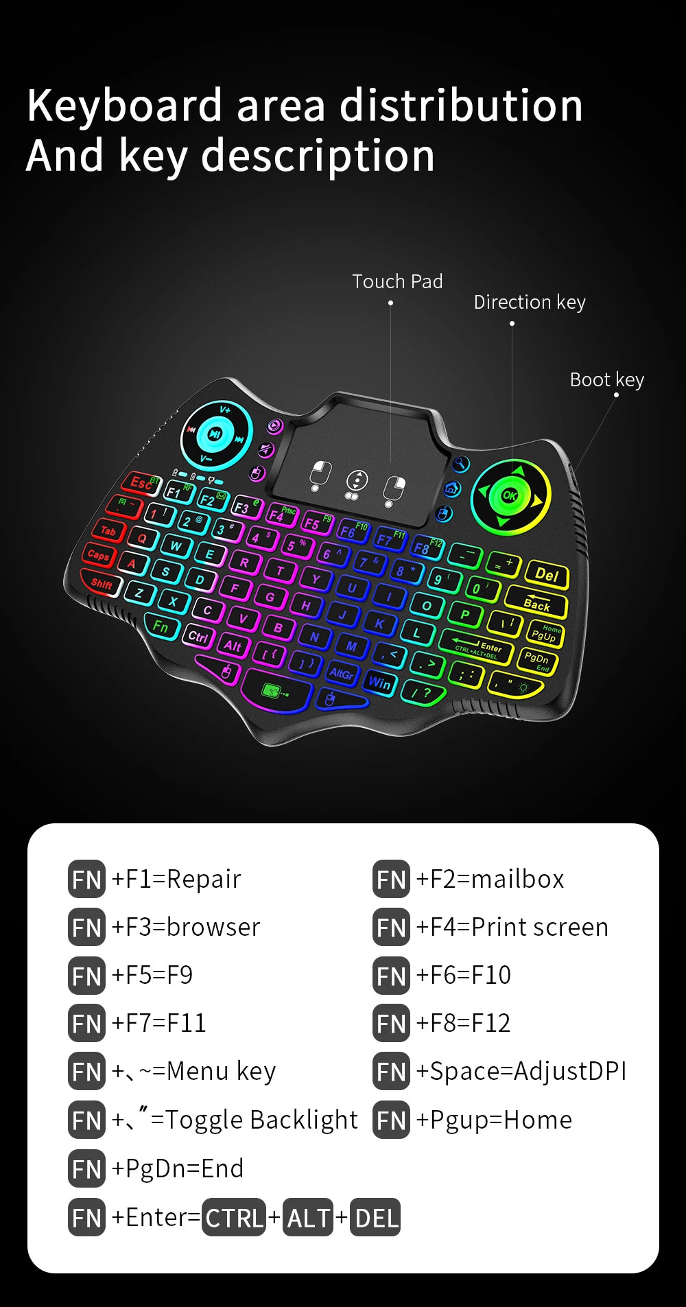 MRSVI V18 Mini-Funktastatur 2,4 GHz BT Touch 7-farbige Hintergrundbeleuchtung Französisch Spanisch Russisch Air Mouse Tastatur Geschenk für Android TV Box
