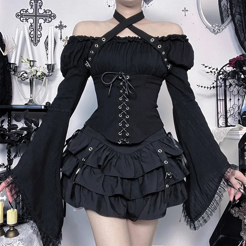 Dark Gothic Vintage Shirt Women's Off-the-shoulder Bell-sleeve Halter Top Y2K Harajuku Sexy Long-sleeve Top Lady Sets