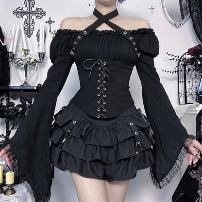 Dark Gothic Vintage Shirt Women's Off-the-shoulder Bell-sleeve Halter Top Y2K Harajuku Sexy Long-sleeve Top Lady Sets