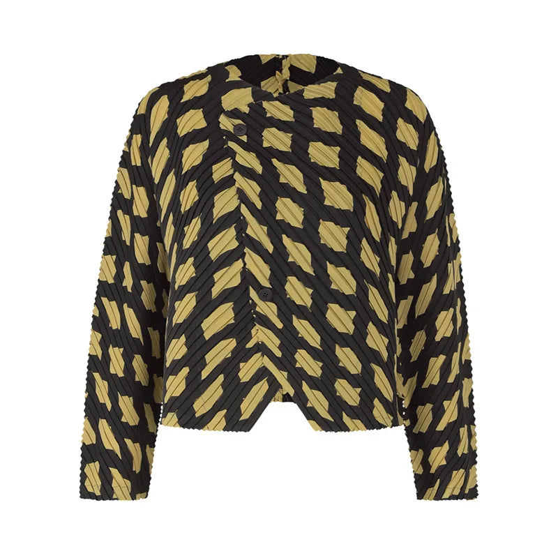 Miyake Pleated Twill Color Blocking Long Sleeved Jacket Women New Fashion Double Button Causal Short Coats
