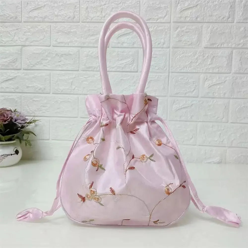 Retro Embroidery Silk Drawstring Handbags Women Purse Wallets Jewerly Packing Storage Bucket Bag Hanfu Accessories