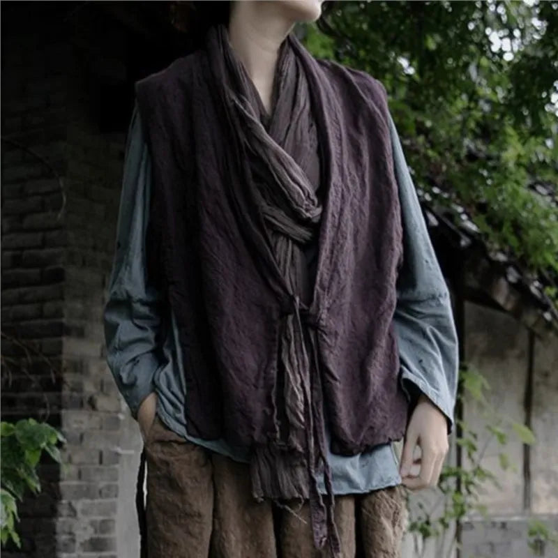 Johnature Women Vintage Linen Bandage Vests Coats Dark Purple V-Neck Chinese Style Clothes 2025 Autumn New Women Vests Coats