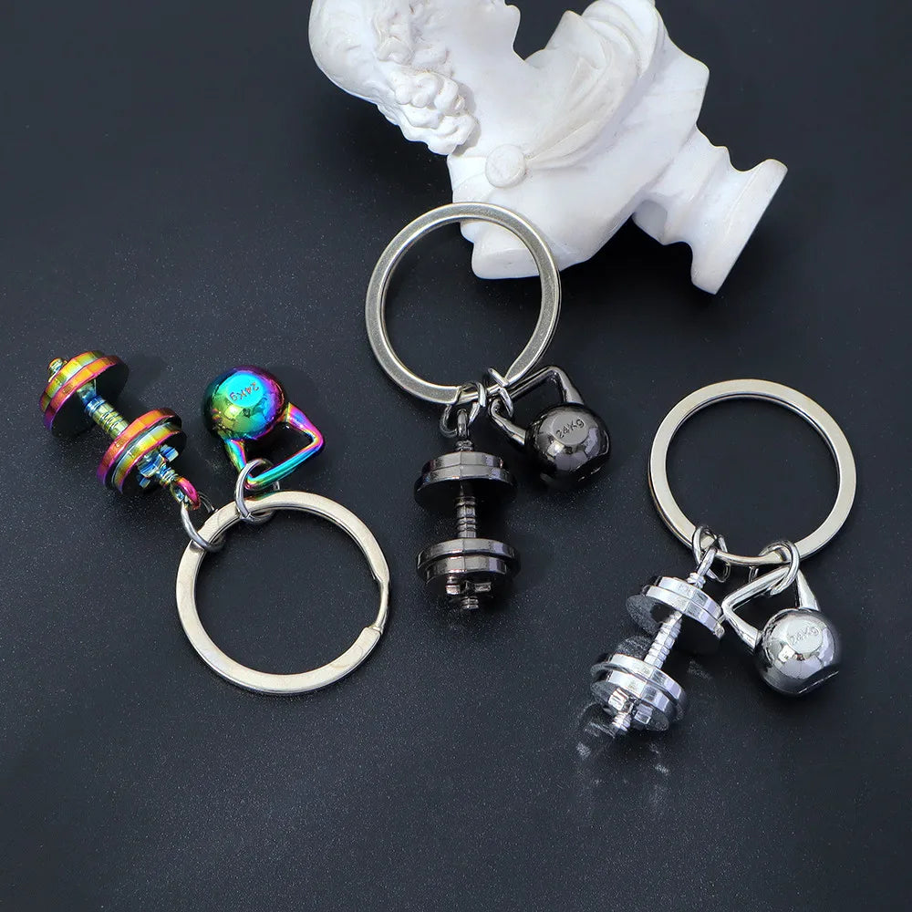 Fashion Mini 3D Metal Dumbbells Keychain Solid Color Kettlebell Sports Keyring Unisex Backpack Pendant Car Key Holder Accessorie
