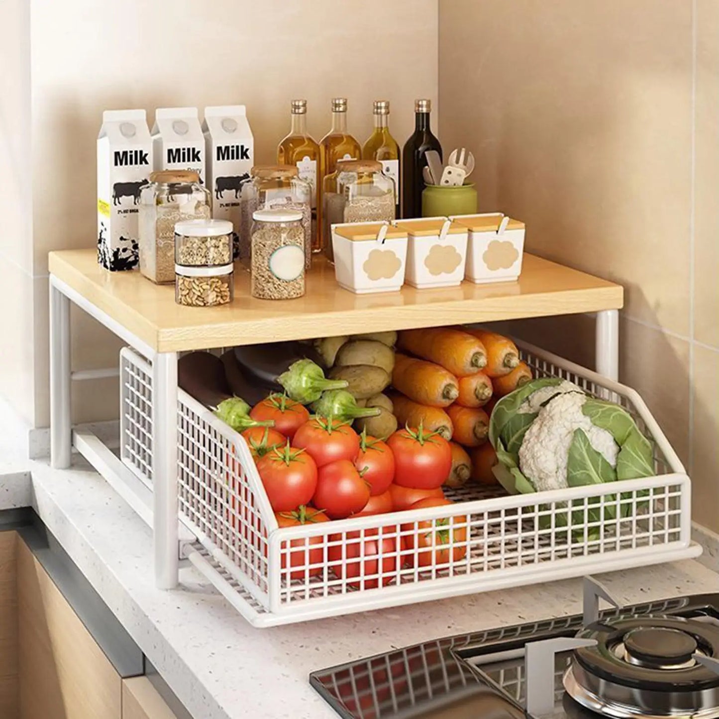 Kitchen Shelf Vertical 2-Tier Organizer Rack Household Organizer Shelves for Pantry Kitchen Bathroom Garage Shower Bar Apartment