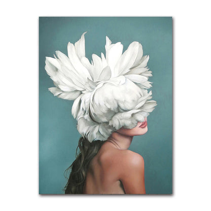 Decorative Painting Living Room Home Decoration Flowers Feathers Woman Abstract Canvas Painting Wall Art Print Poster Picture