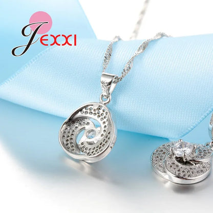 Charm Fine Elegant 925 Sterling Silver Crystal Necklace Earring Wedding Bridal Jewelry Sets For Women
